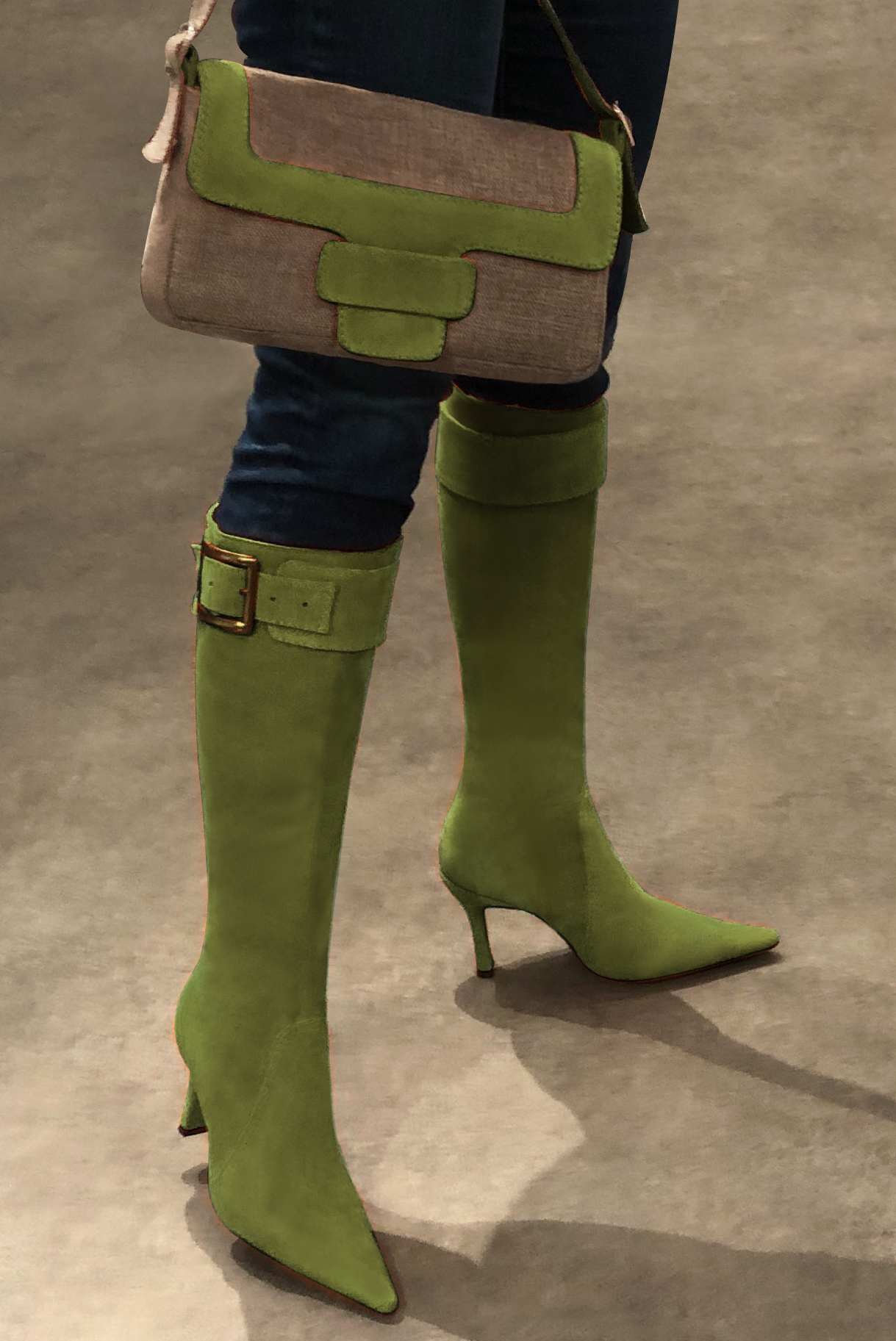 Caramel brown and pistachio green women's dress handbag, matching pumps and belts. Worn view - Florence KOOIJMAN